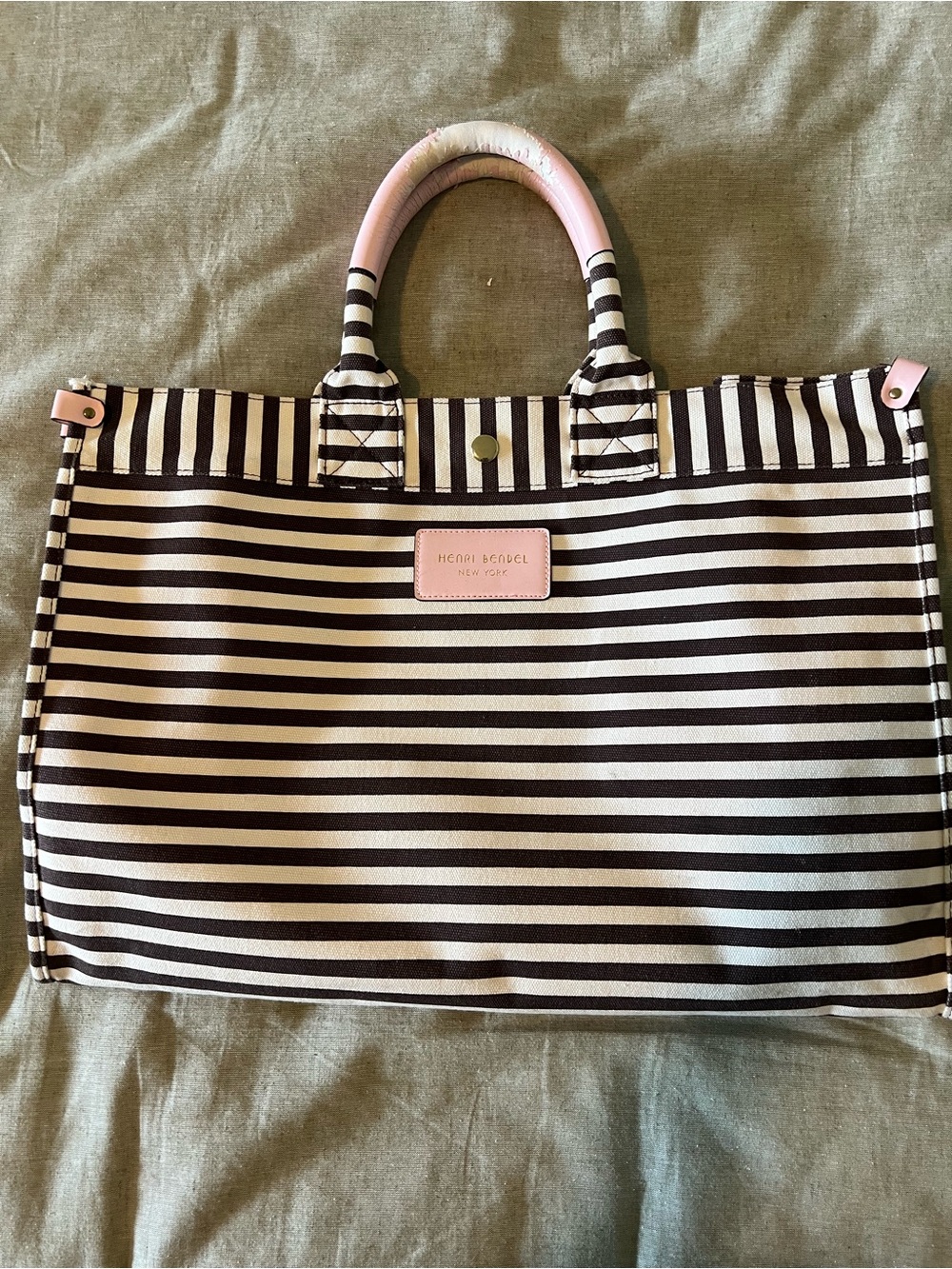 henri bendel Brown and White Striped Tote with Pink Accents